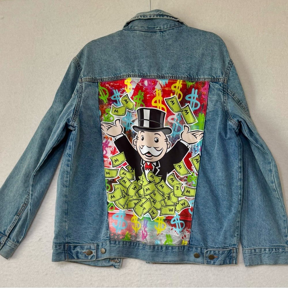 Monopoly Graphic Denim Jacket Custom Art Jean Jacket Streetwear Size L
